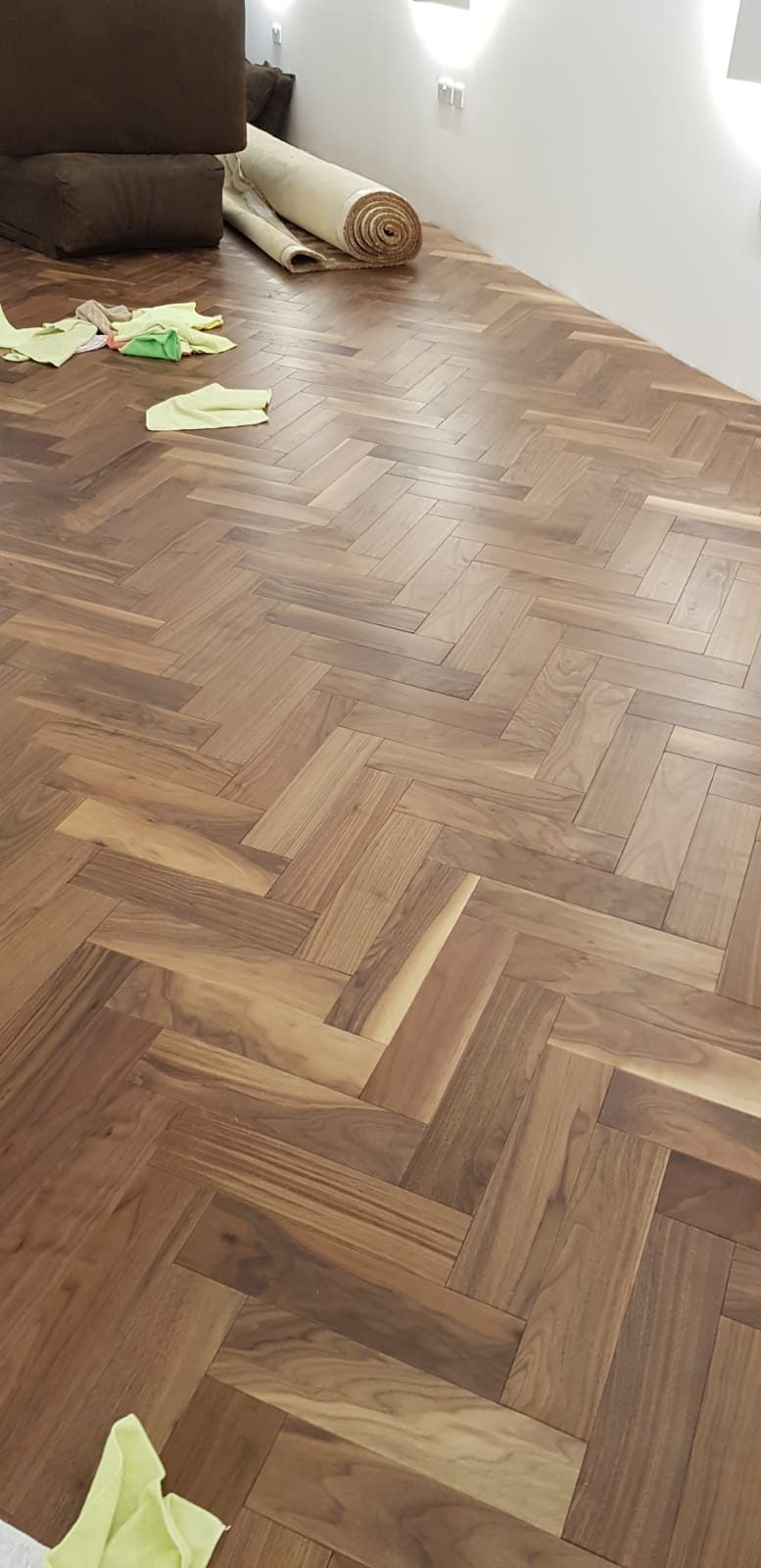 Herringbone parquet floor laid in a living room, Thomas Joinery Services project work near Wootton village hall, Wootton MK43