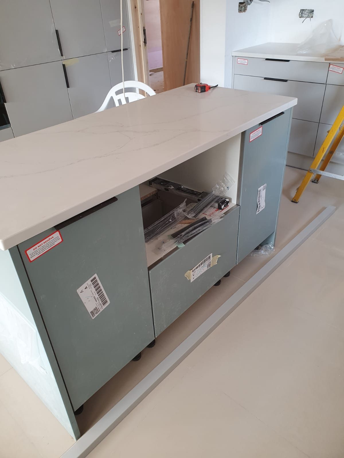 Kitchen island under construction on site, Thomas Joinery Services, Bedford