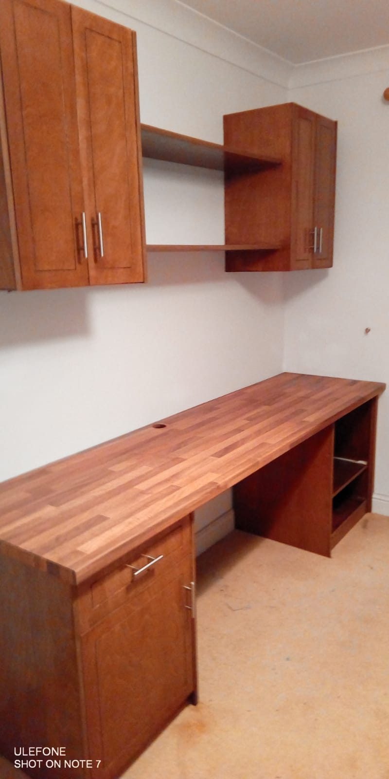 Timber desk and wall cabinets in a study, Thomas Joinery Services, Bedford