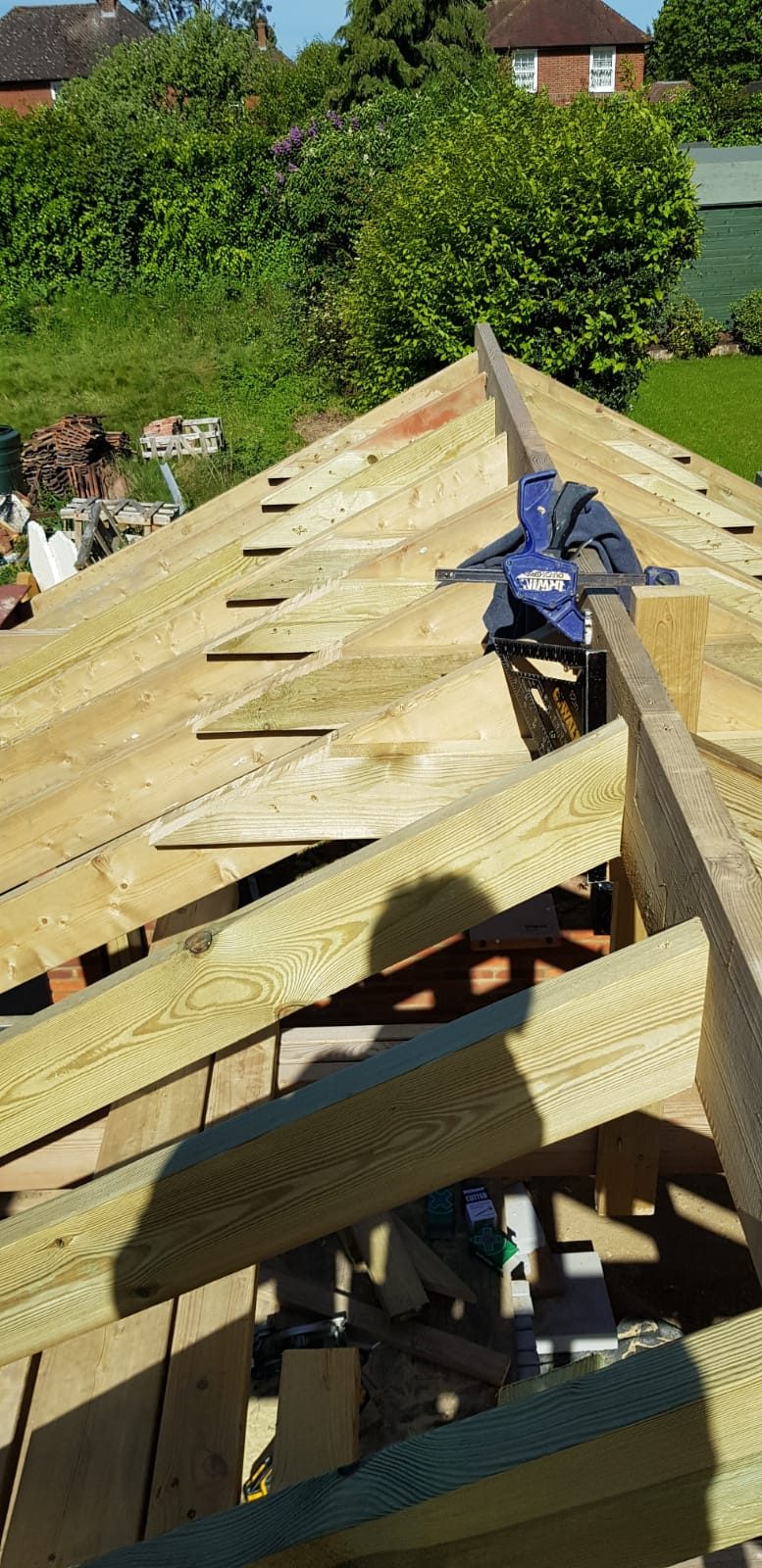Timber roof structure framed on a garden building, Thomas Joinery Services, Bedford
