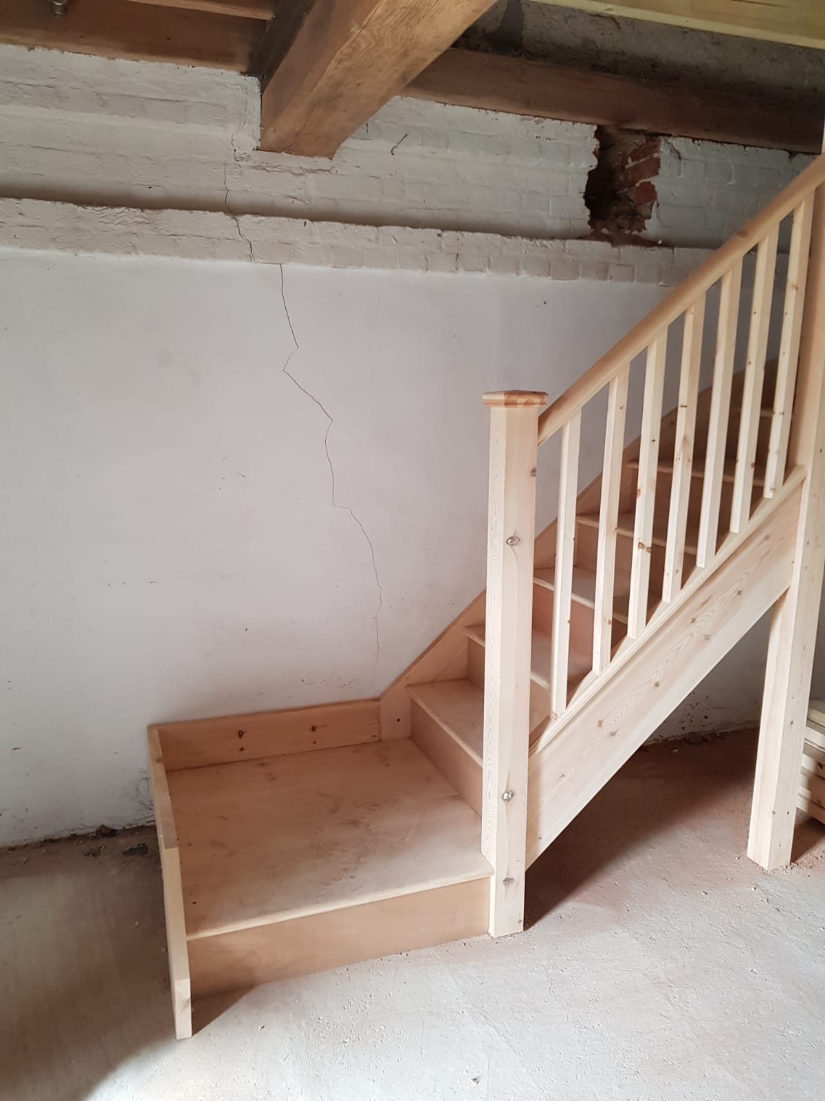 Staircase with newel post and spindles set out, Thomas Joinery Services, Bedford